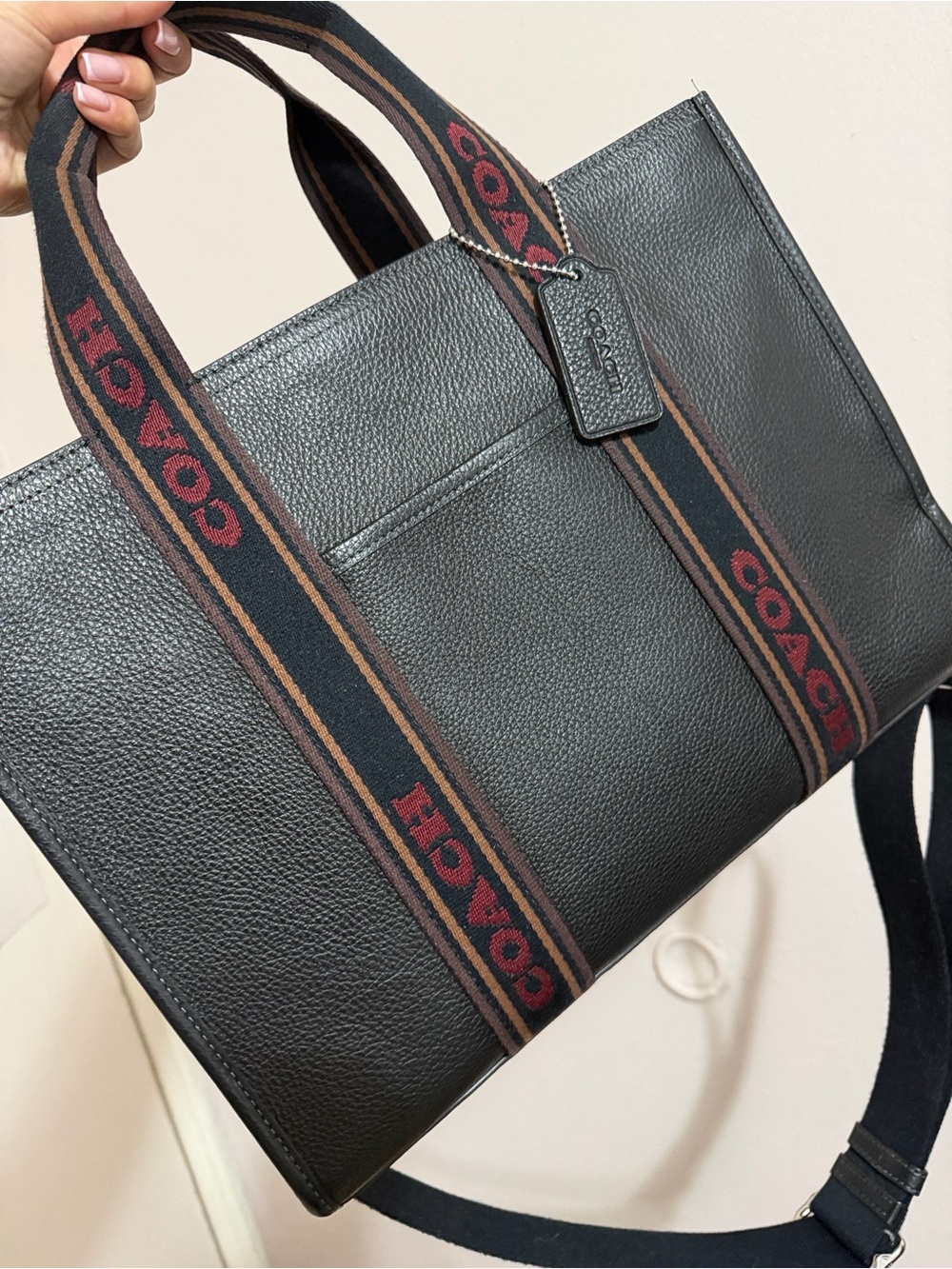 Coach Black Pebbled Leather Brief Tote with Logo Webbing Straps
